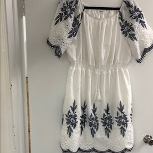 Elegant White and Blue Embroidered Midi Dress